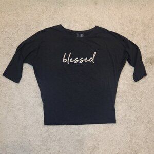 Cynthia Rowley Black graphic "blessed" scoop neck 3/4 sleeve Batwing Sweater Top
